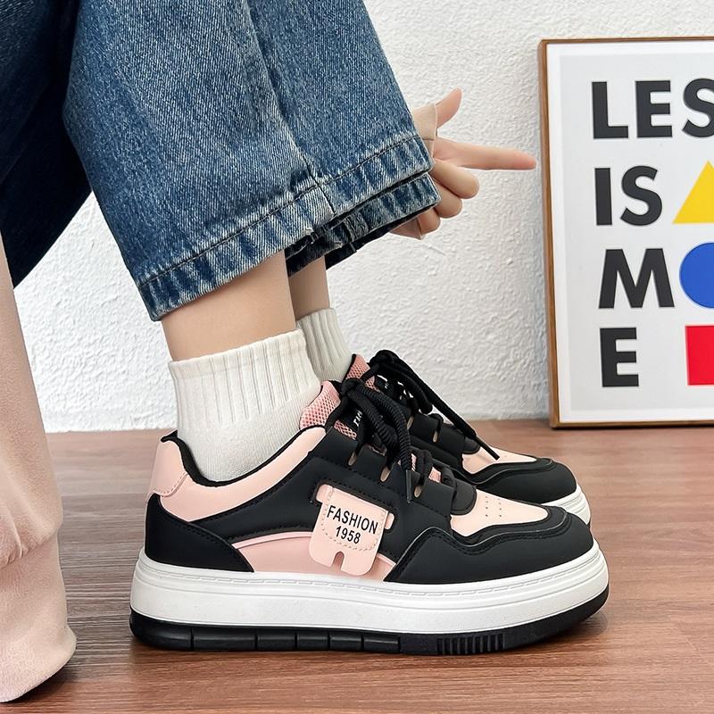 Women's Black And Pink Casual Sports Shoes With Lace Up Platform And Low Top Board Shoes