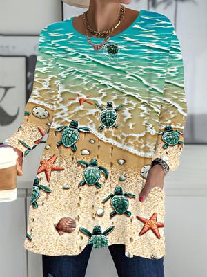 2025 Осень Зима Новые Женские Топы Большого Размера, Модные Футболки с 3D-принтом Морской Черепахи, с Круглым Вырезом и Длинным Рукавом
