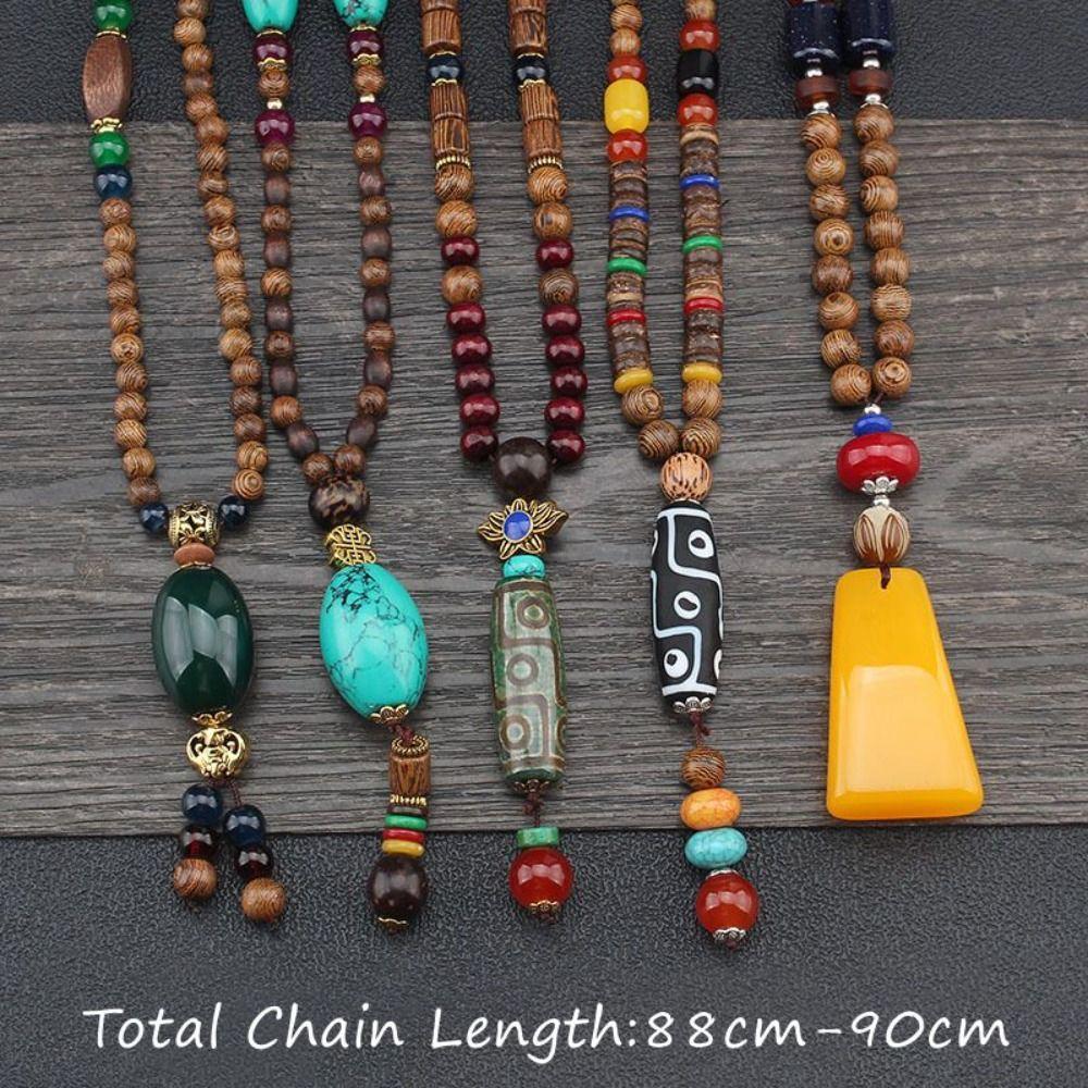 Vintage Lucky Gift Party Ethnic Jewelry Mala Wood Bead Nepal Necklace Horn Fish Pendant Buddhist