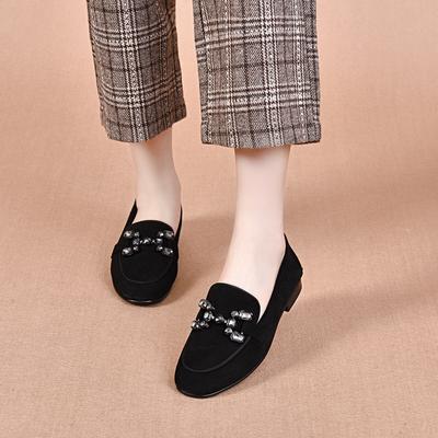 Женская обувь на плоской подошве женские туфли-лодочки весна новая черная овчина стразы мягкая поверхность удобные женские