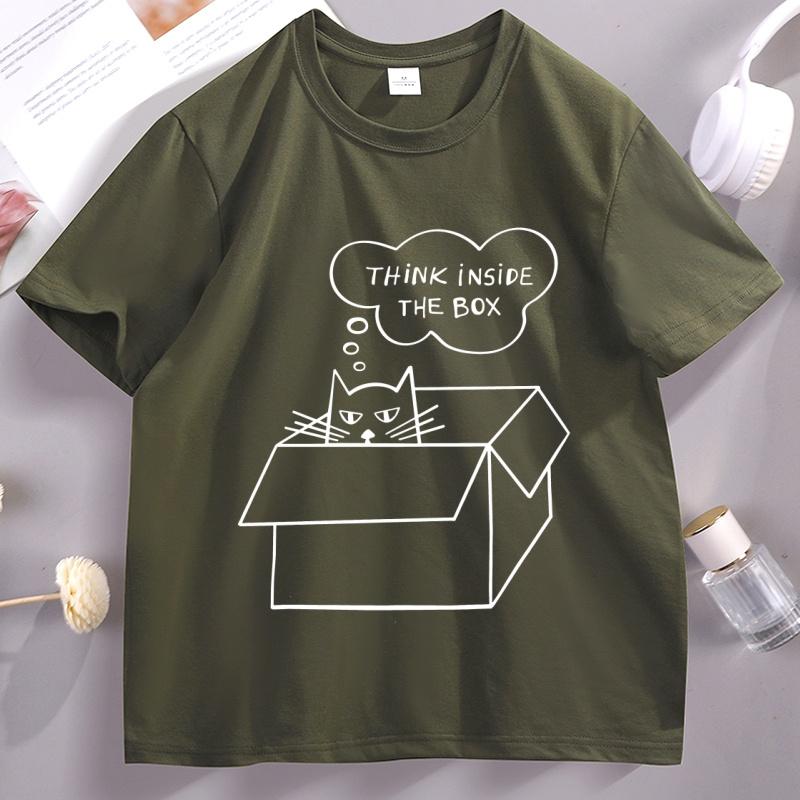 Think Inside The Box Line Art Tshirt Funny Cat Printed Tshirt Cotton Short Sleeve Round Neck T Shirt High Quality Unisex Clothes