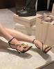 Spring and summer 2025 new rhinestone metal flower small size one-word buckle sandals square head celebrity banquet high heels