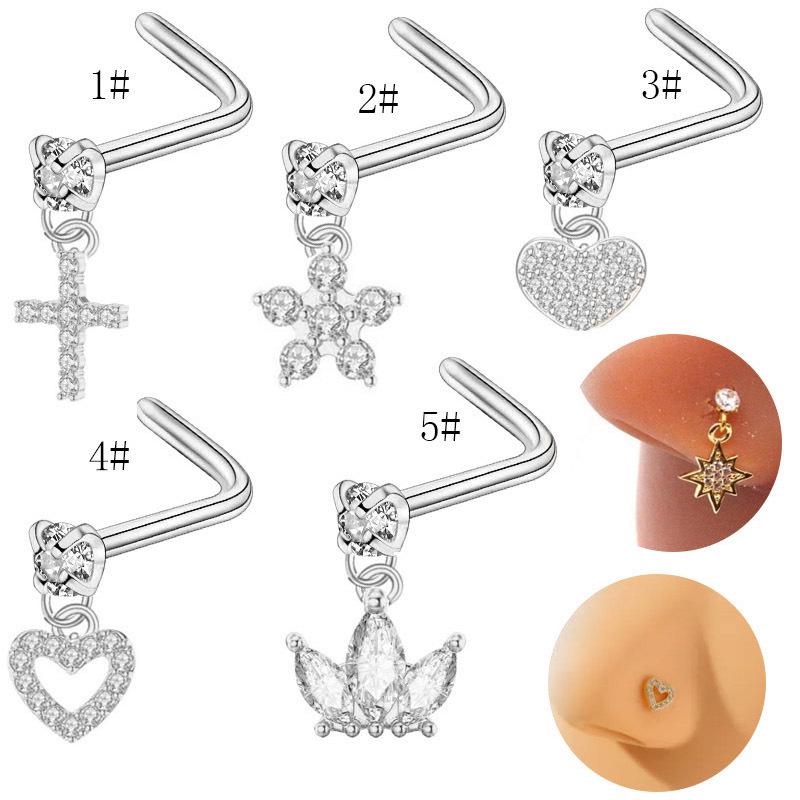 Серьги и пирсинги для носа в европейском и американском стиле с микро-инкрустацией цирконами, с дизайнами в виде звезды, луны и креста