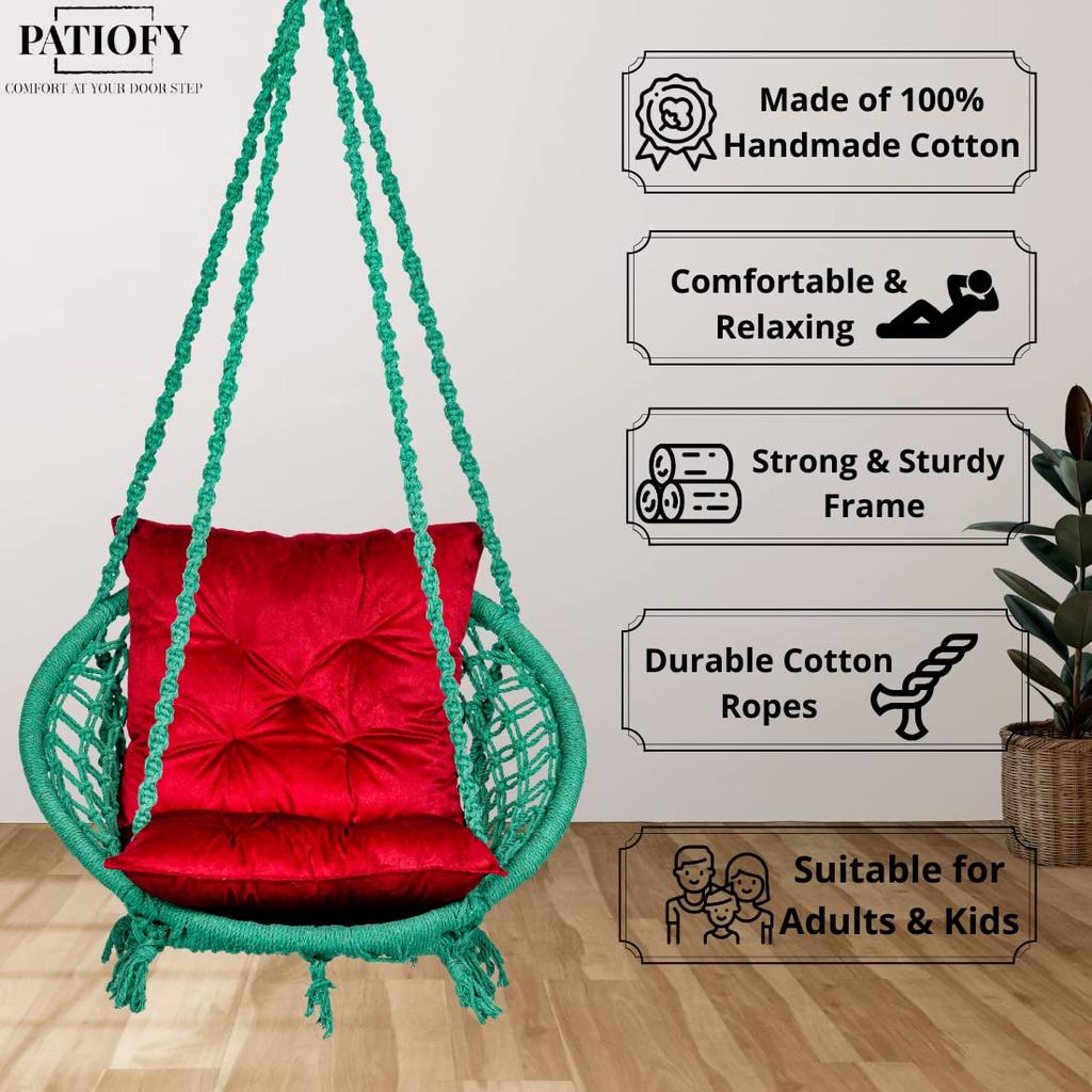 Качели для балкона, помещения, улицы/грузоподъемность до 120 кг/включает бесплатный комплект для подвешивания и красную L-образную подушку/подвесное кресло-качели-гамак ручной работы (зеленый)