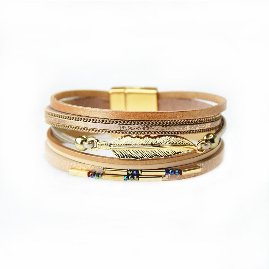 Многослойный браслет из искусственной кожи в богемном стиле, женский, с магнитной застежкой-листом, аксессуары для украшений