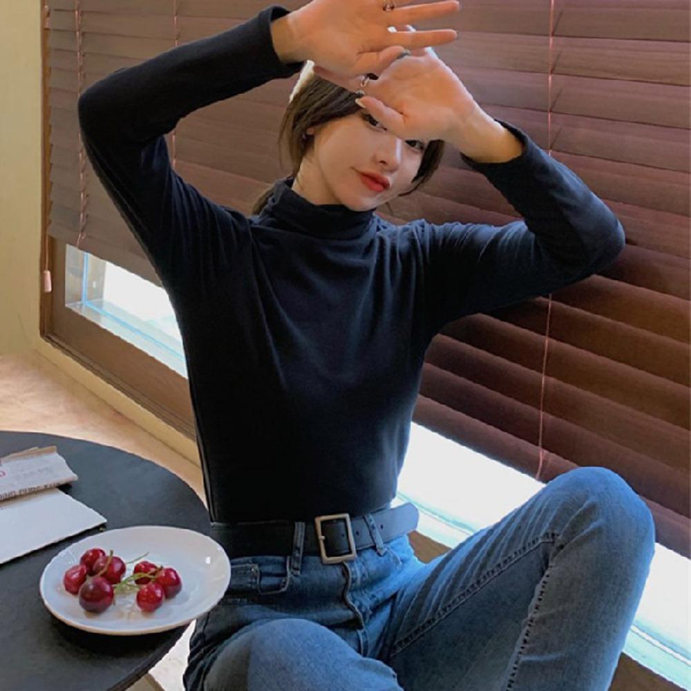Solid Color Thermal Underwear High Collar Thermal Top Fashion Long-Sleeved T-Shirt for Women