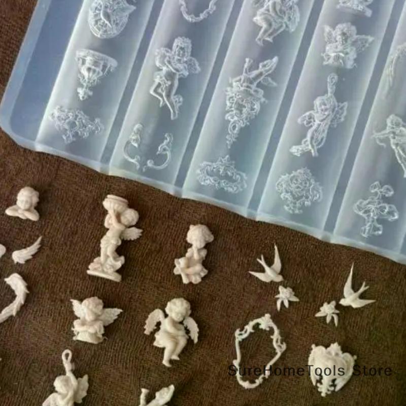 Силиконовые 3D-трафареты для ногтей - Ангел, Часы, Замок-Сердце, Штамповочные пластины для DIY-дизайна ногтей, Инструменты для маникюра