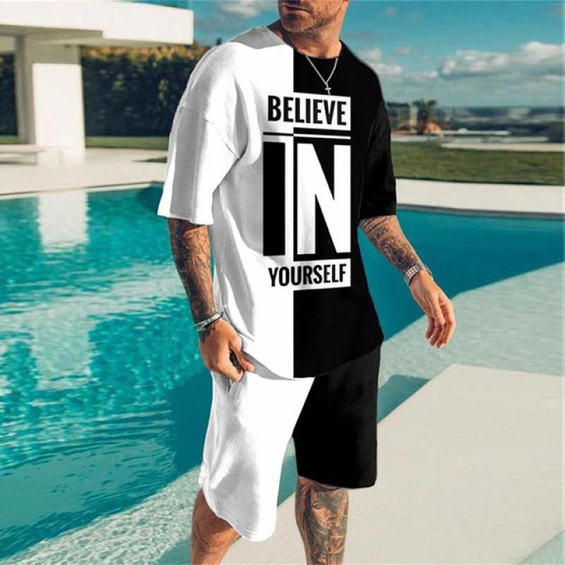 Мужской летний спортивный костюм «Поверь в себя», футболка и шорты, спортивный костюм, спортивный костюм, одежда больших размеров, уличная уличная одежда