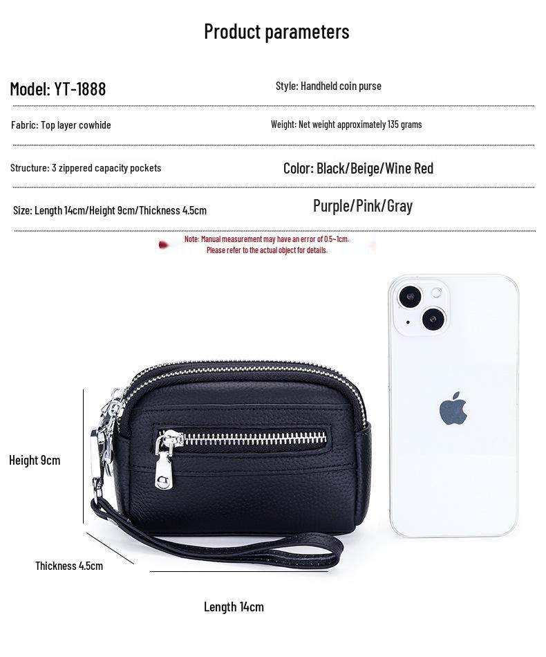 Женский мини-клатч: Кошелек для монет из натуральной кожи с двойной молнией и большой вместимостью - Первый слой коровьей кожи