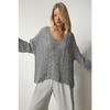 Women's Gray Ripped Detailed Oversize Knitwear Sweater Ki00105