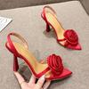 Fashion Summer Fashion Silk Rose Flowers Back Strap Heeled Sandals Women Pointed Open Toe Red High Heels Wedding Prom Shoe Zapatos Mujer