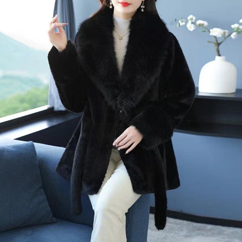 Slim Long Large Fur Collar Faux Fox Women Coat Winter Luxury Imitation Mink Fur Jacket Waist Belt Plush Furry Overcoat