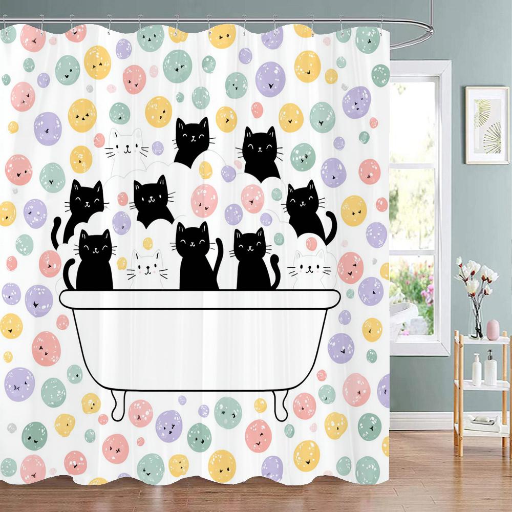 Cute Bathing Cats Art Cartoon Shower Curtain, Bathroom Decorative Shower Curtain, Waterproof Shower Curtain With Hooks