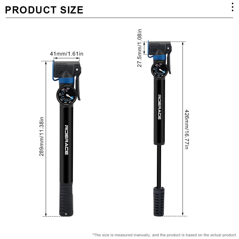 RIDERACE Bicycle Pump With Gauge Portable Hand Tire Air Inflator Aluminum Alloy Bike Air Shock Pump AV FV Presta Schrader Valve