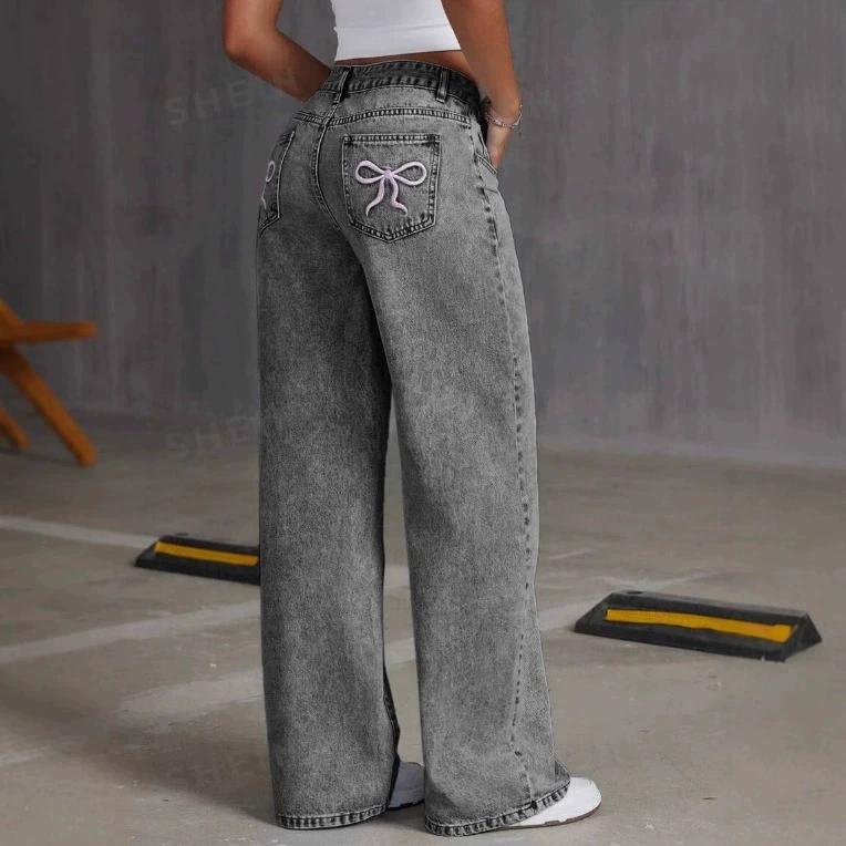 Women's Back Pocket Bow Embroidered Fashionable Wide Leg Pants Versatile Washed Denim Trousers