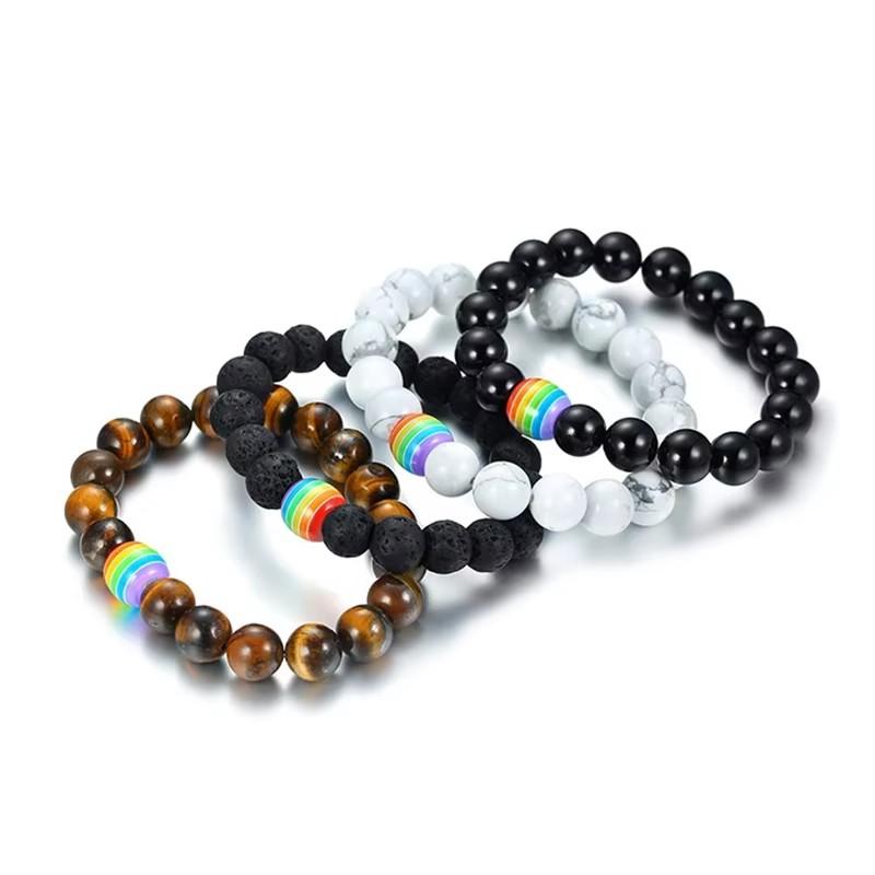 Women Men Rainbow Flag Ball Natural Stone Black Onyx Beads Bracelet June Pride LGBT GAY Couple Jewelry For Love jewelry
