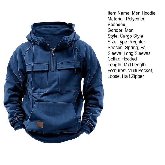 Yousheng весна-осень мужская толстовка с капюшоном в стиле карго с завязками на шнурке, большим накладным карманом, полумолнией, длинными рукавами, однотонная повседневная спортивная одежда