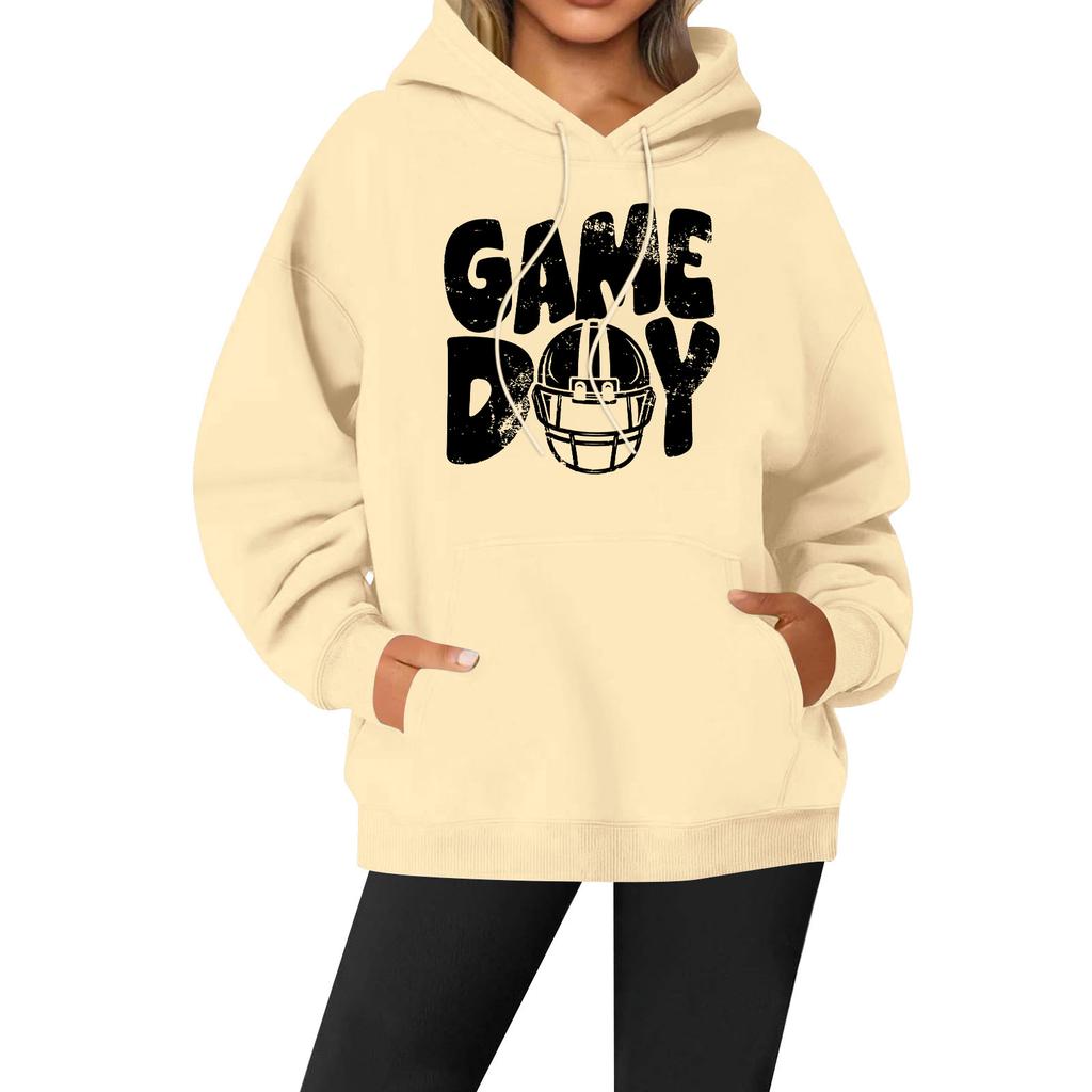Women's Casual Fashion Solid Color Rugby Print Long Sleeve Hooded Sweatshirt Top