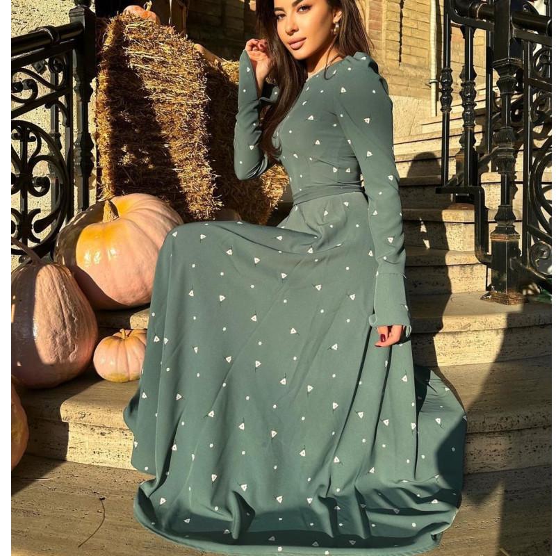 Элегантное женское платье с принтом, длинным рукавом, высокой талией и завязками, 2024