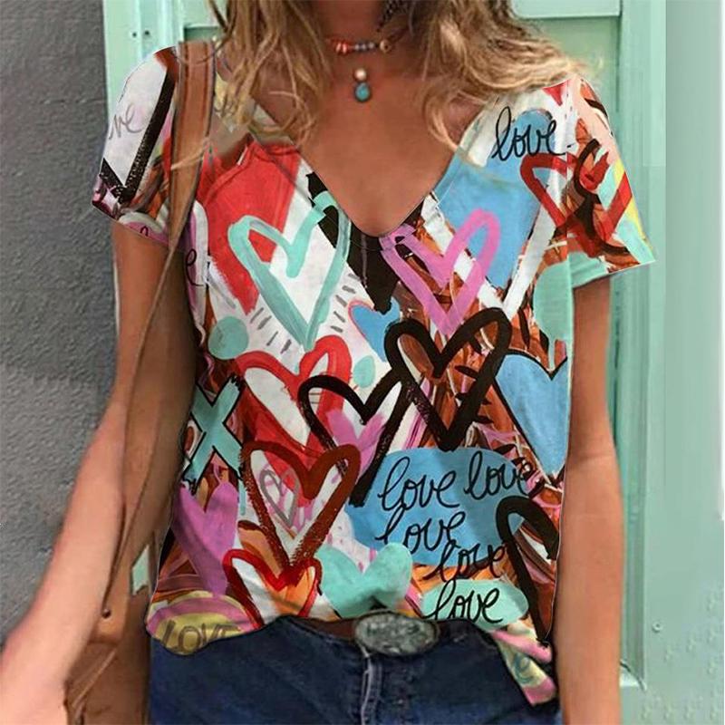 Цветной 3D-принт сердца Женская футболка в стиле ретро с коротким рукавом и V-образным вырезом Y2k Топ Harajuku Streetwear Футболка большого размера Одежда для девочек