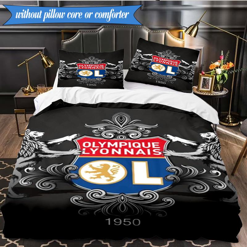 3PCS Lyon Football Crest Design Printed Soft Bedding Set,Including 1pc Duvet Cover And 2pcs Pillowcases Perfect for Bedroom, Dormitory, Fan gift