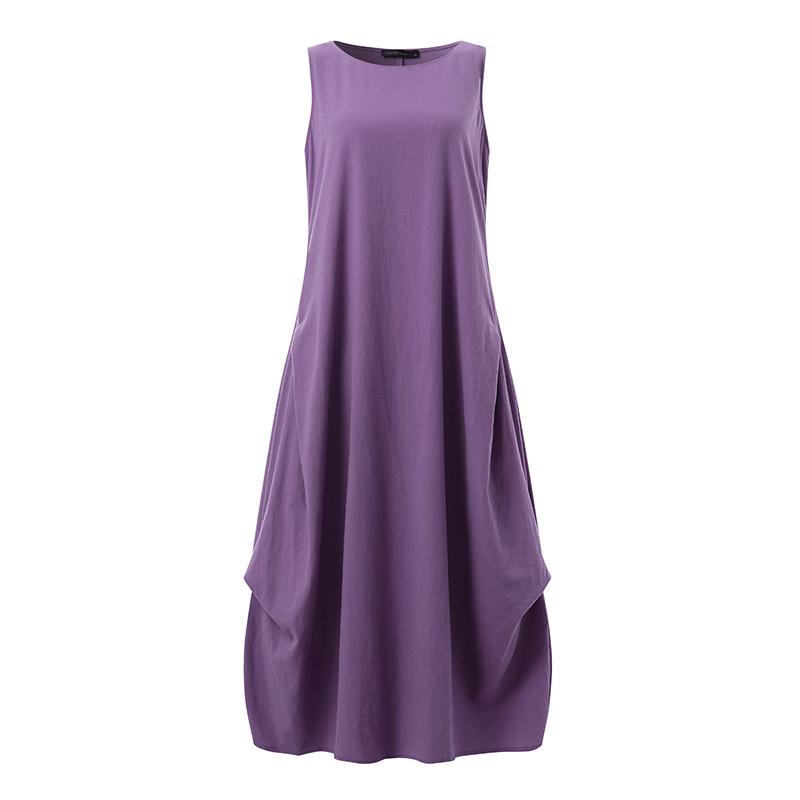 ZANZEA Women Daily Casual Cotton Dress Summer O-neck Sleeveless Loose Long Dress