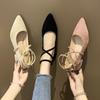 2024 Spring and Autumn Women's Shoes Black Ankle Strap Flats Ankle Low Heel Women's Shoes Pointed Toe Lace Up Flats