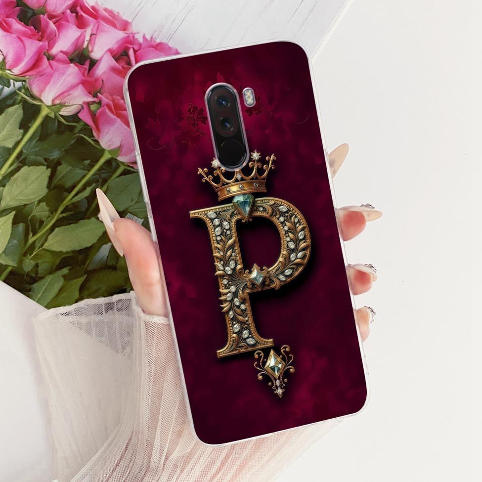 For Xiaomi Pocophone F1 Case Cover Transparent Luxury Crown A-Z Letters 2D Flat Pattern Soft Phone Case For Poco F1 M1805E10A