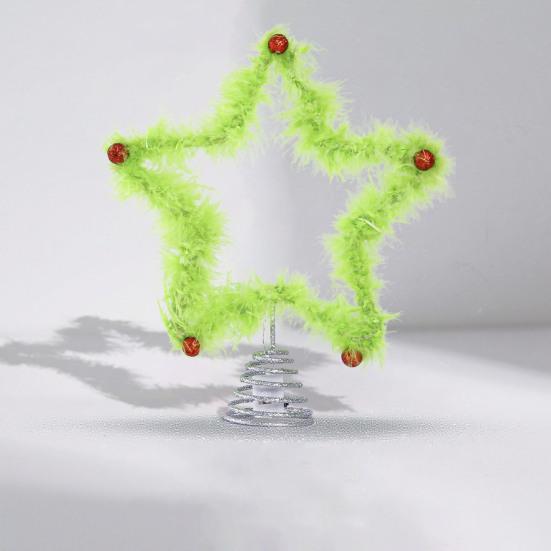 Furry Green Elf Tree Top Star 3D Plush Faux Fur Star Christmas Treetop Ornament with Red Balls for Xmas Tree Holiday Home Party Decor