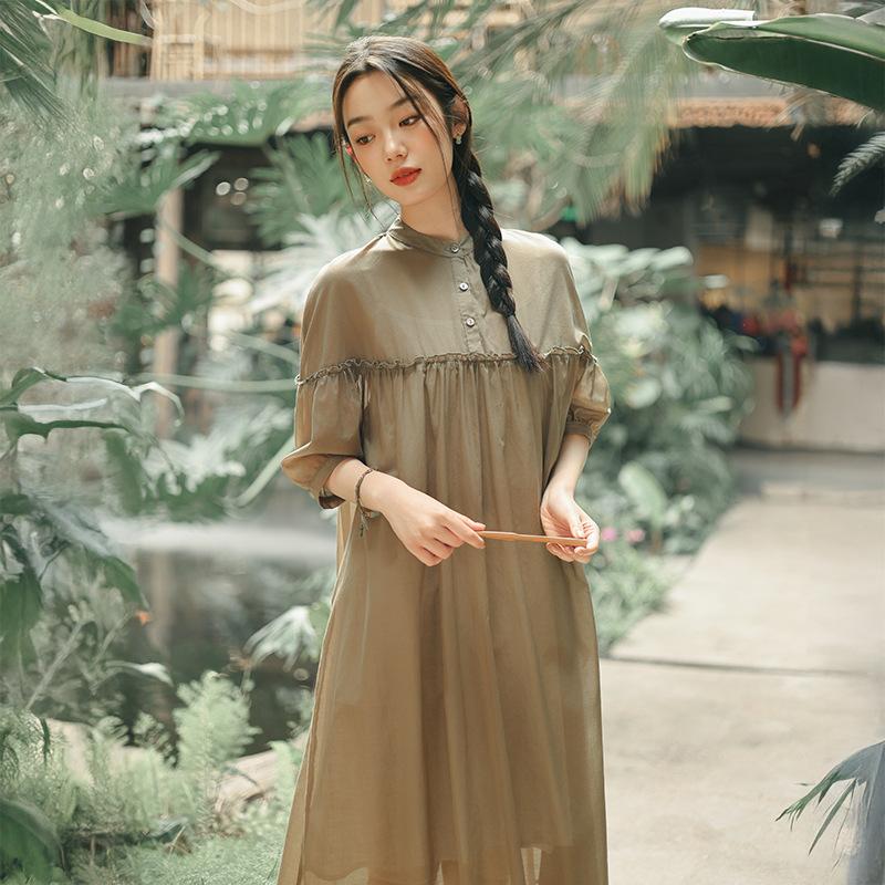 Johnature Женские повседневные платья с высокой талией, стойка, рукав девять, однотонное, из мягкой ткани, летнее, свободное платье А-силуэта