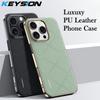 KEYSION Luxury Grid Pattern PU Leather Case for iPhone 16 Pro Max Plating PC Shockproof Phone Back Cover for iPhone 16 16 Pro