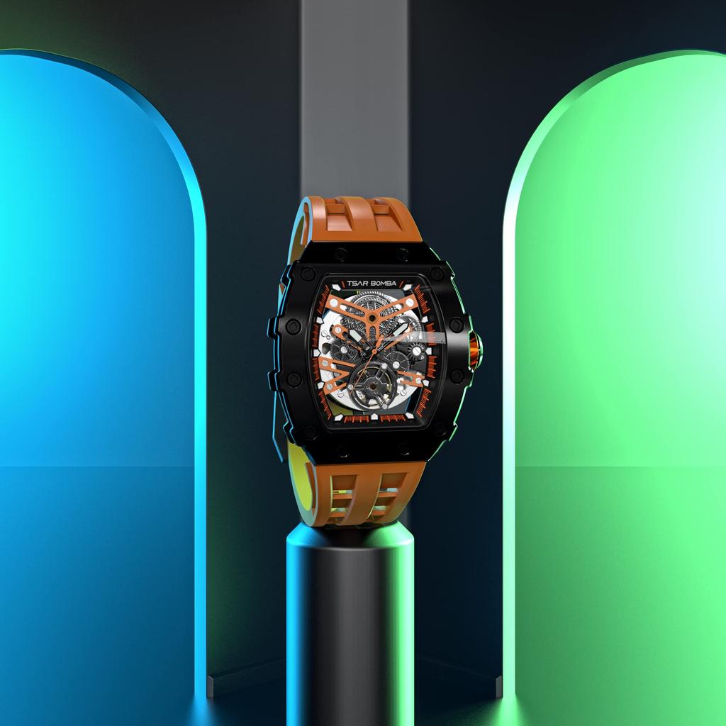 TSAR BOMBA Skeleton Автоматические механические аналоговые часы-скелетоны 5 ATM Водонепроницаемые часы с силиконовым ремешком Большой циферблат Стальной корпус наручные часы Подарочные спортивные