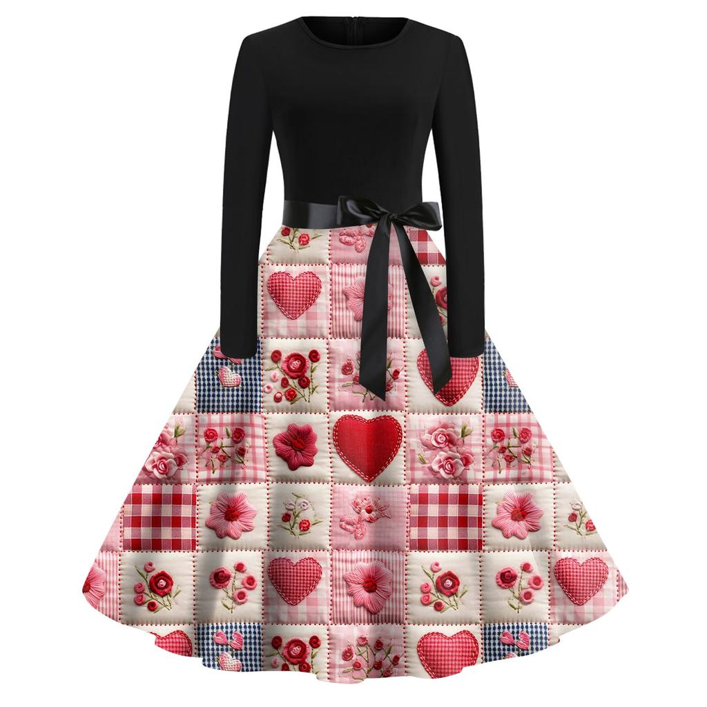 Women's Fashion Round Neck Casual Slim Valentine's Day Printed Long Sleeve Dresses