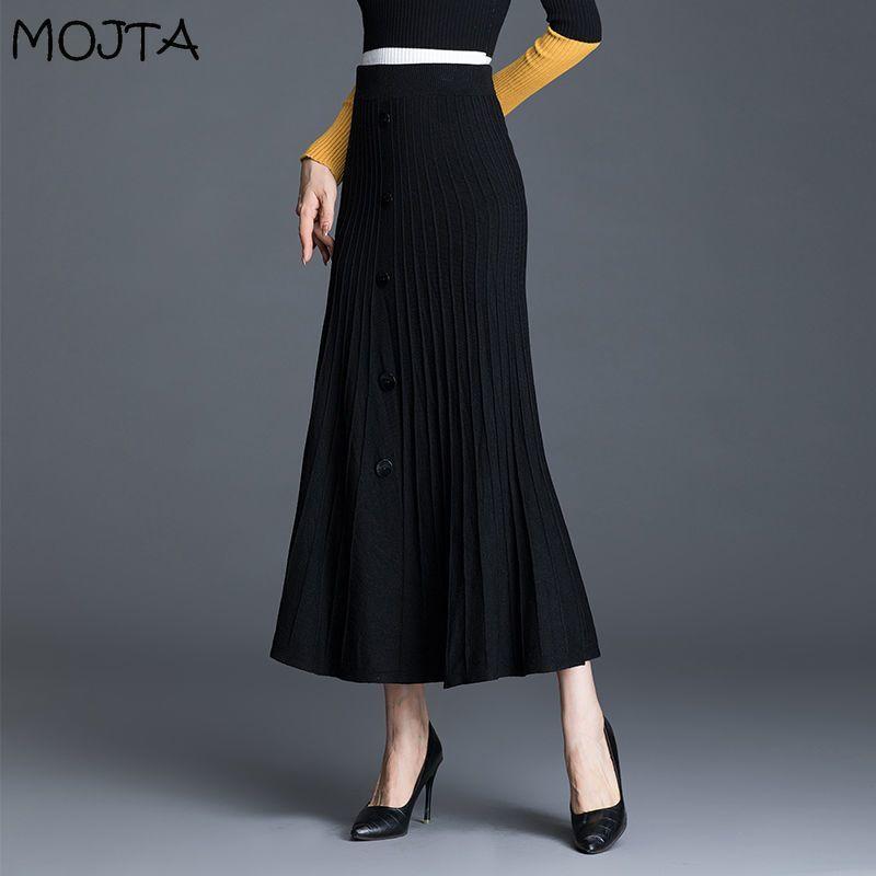 Женская осенне-зимняя вязаная юбка, женская юбка с высокой талией, тонкая плиссированная юбка трапециевидной формы средней длины