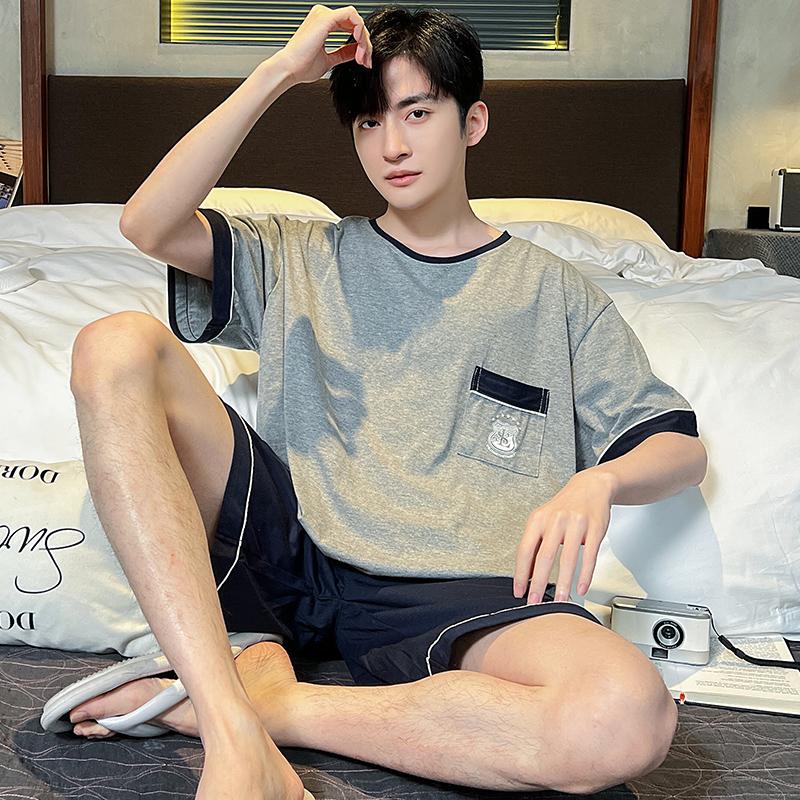 Летняя мужская пижама с коротким рукавом, модальный тонкий толстый повседневный свободный студенческий домашний костюм для молодых мальчиков, пижама Homme