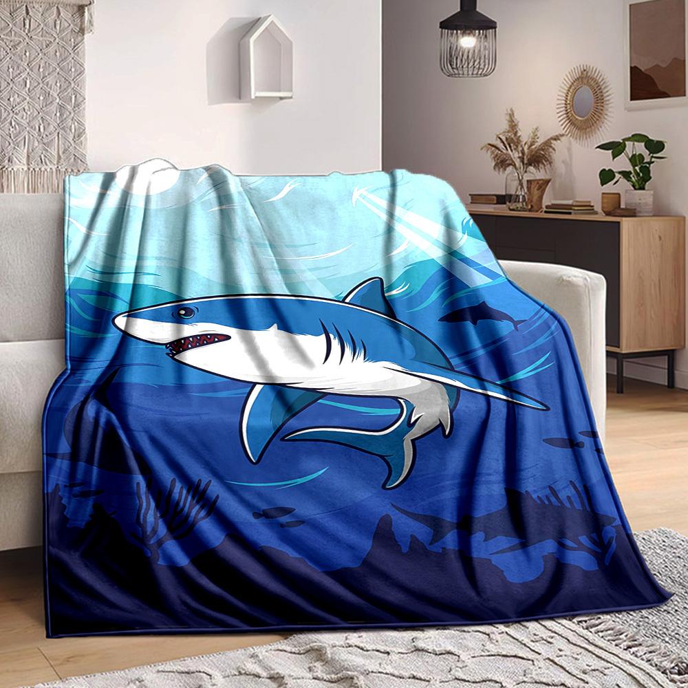 1pc Ocean Dive Shark Blanket, Lightweight Flannel Throw Blanket For Sofa, Bed, Travel, Camping, Living Room, Office, Couch, Chair, And Bed