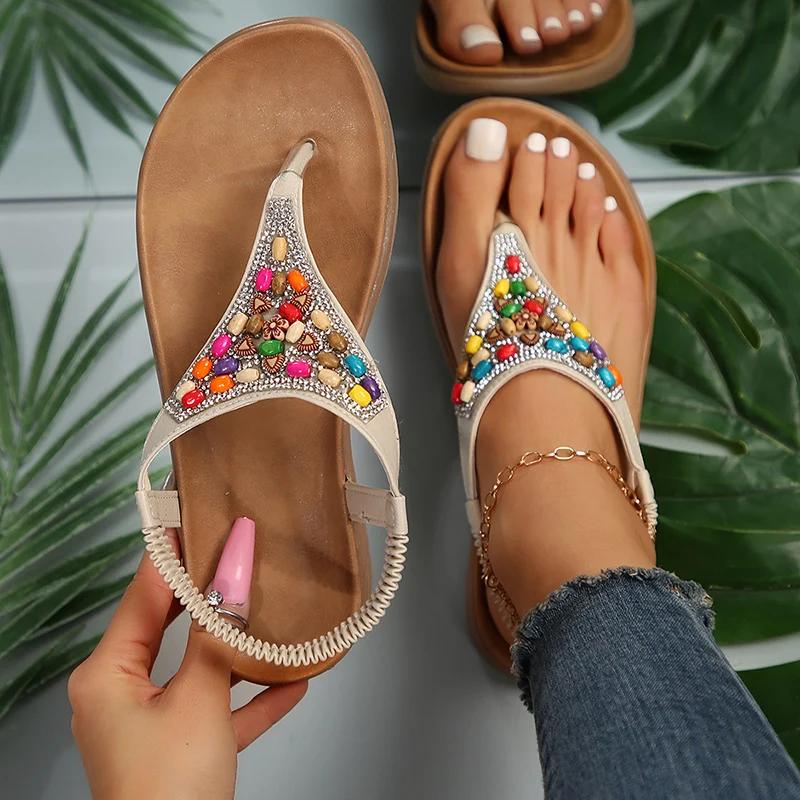 Retro Bohemian Flat Heels Sandals for Women Summer Rhinestone Beads Clip Toe Sandals Woman Lightweight Beach Flip Flops