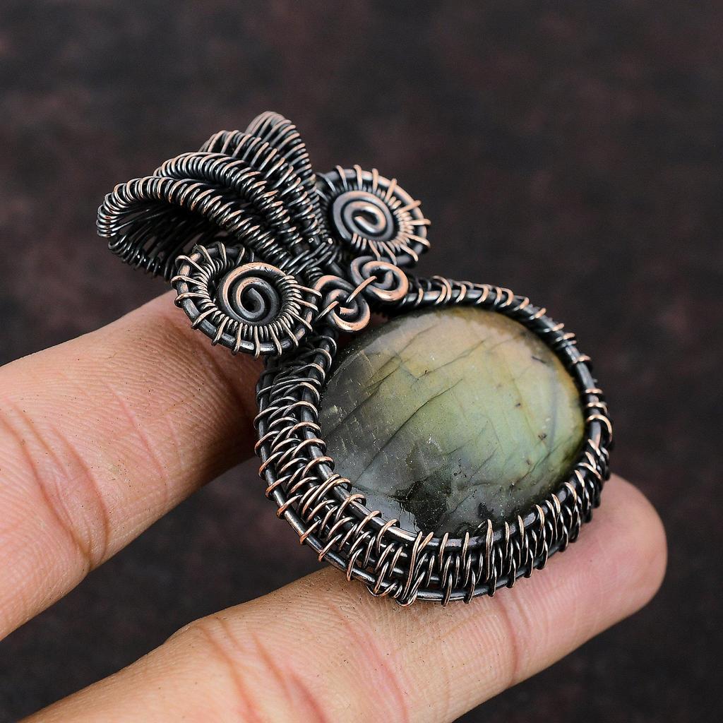 Подвеска из лабрадорита, кулон в медной проволоке, изящный кулон с драгоценным камнем, ювелирные изделия из лабрадорита, медные украшения ручной работы, кулон в упаковке для подарка