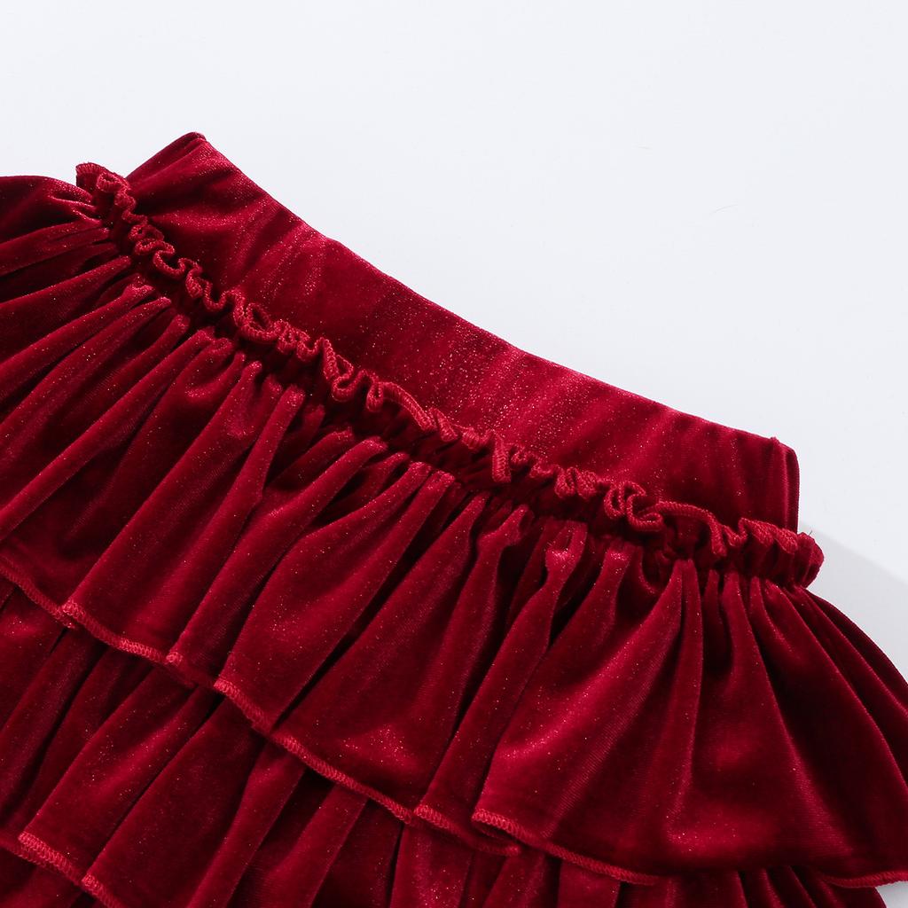 2026 Юбка-торт из черного бархата для девочек, с высокой талией, А-силуэта, короткая, весенняя, расклешенная, праздничная одежда, школьная, детская, универсальные многослойные юбки