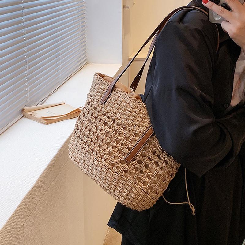 Соломенная сумка-ведро большой емкости для женщин, летняя тканая пляжная сумка-тоут с верхней ручкой, сумка-шоппер