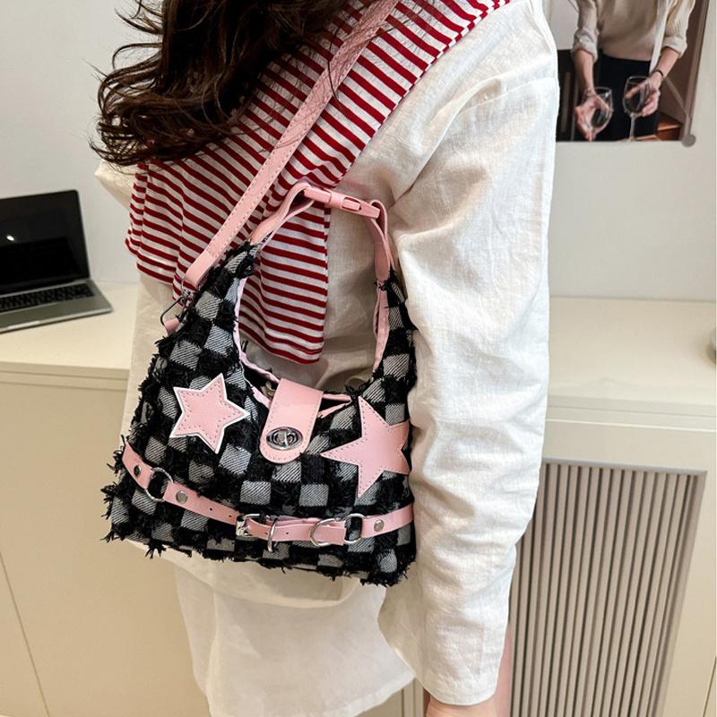 Pink Star Purse and Handbags Aesthetic Plaid Denim Shoulder Bag Punk Leisure Outdoor Crossbody Bag For Women CLE