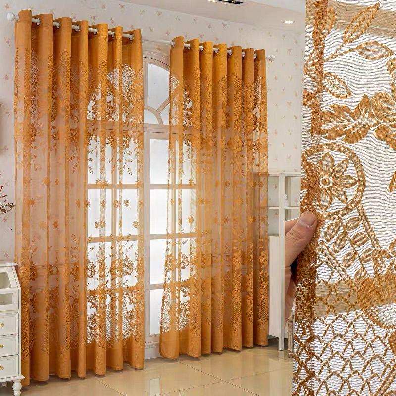 European Style Curtains for Living Room Floral Jacquard Tulle Hollow Out Retro Pattern Fabric Home Decor 1PC