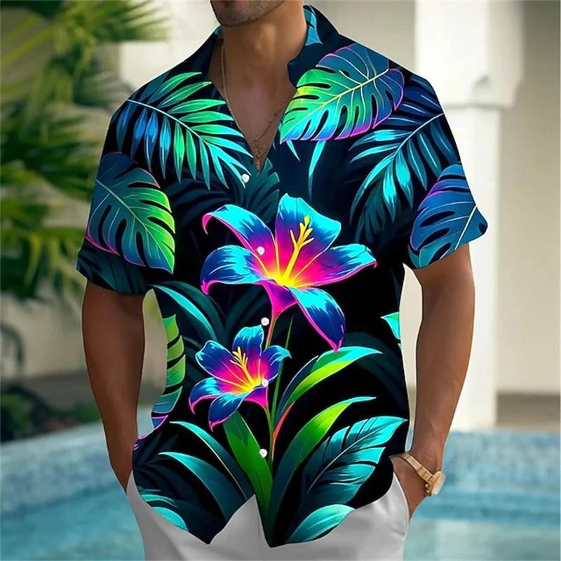 Men's Tropical Flower Palm Leaf Summer Hawaiian Shirt Button Short Sleeve Trendy Resort Shirt
