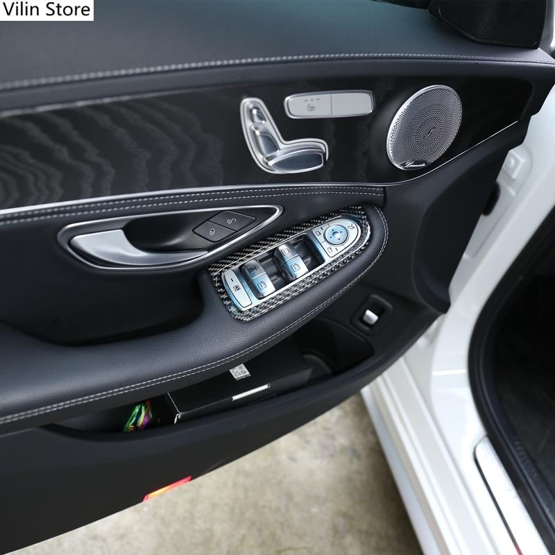 Car Window Glass Lifting Switch Panel Sticker For Mercedes Benz C Class W205 GLC 2014- Carbon Fiber Styling Decorative