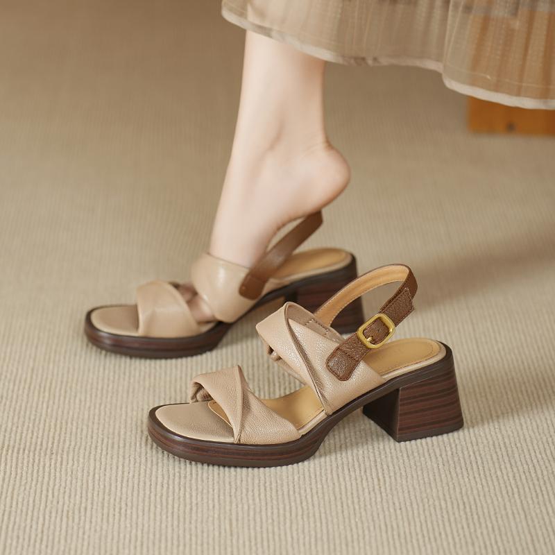 Fashion Retro Genuine Leather Women Sandals 2025 Summer New Shoes Open Toe Rome Style High Heels Fashion Buckle Gladiator Shoes Woman