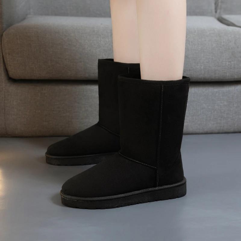 Женская обувь 2024 Высококачественные зимние женские сапоги Теплые сапоги до середины икры Женские сшитые круглые носки Низкий плоский каблук Слипоны Женские