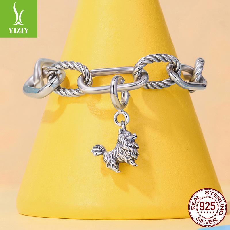 S925 Sterling Silver Pomeranian Pendant Opening And Closing Button Head, Cute Puppy Dog Sterling Silver Beaded Accessories
