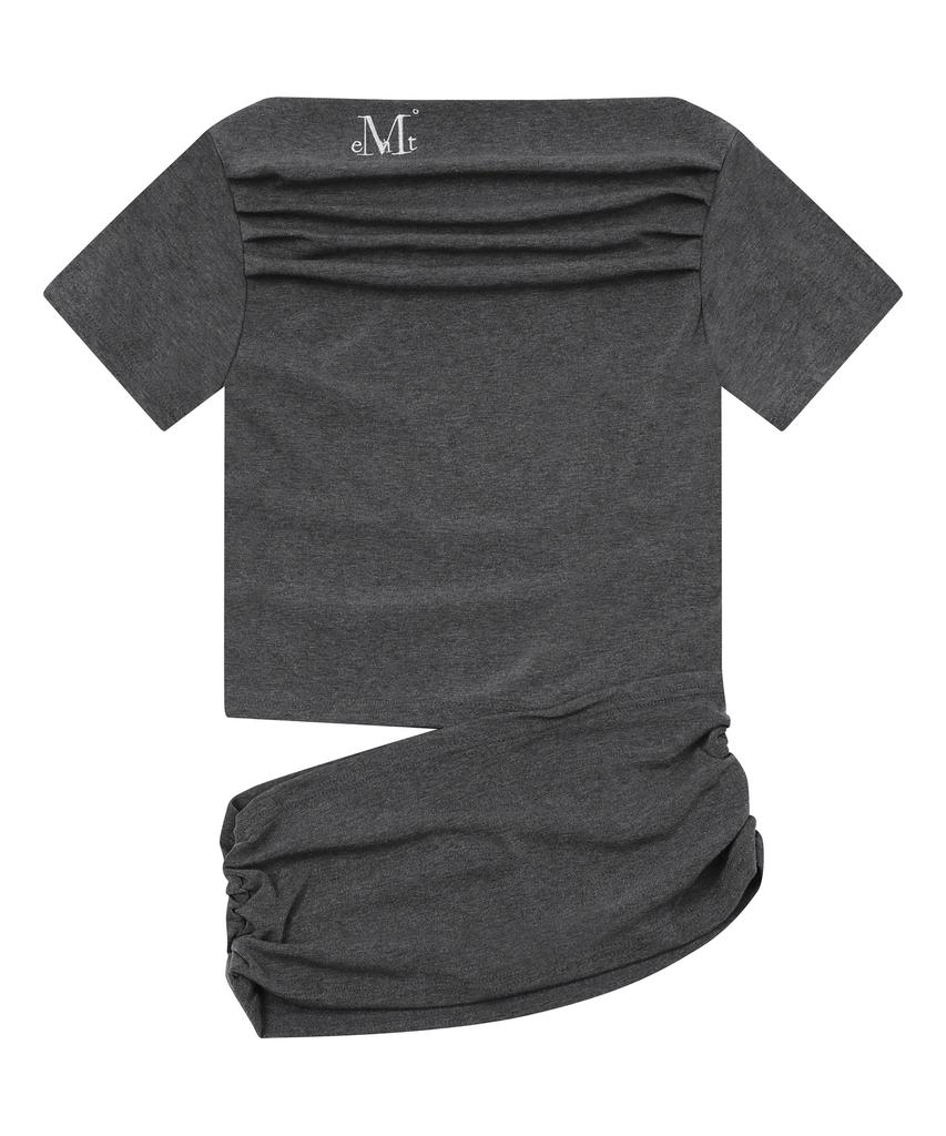 MUCENT Rebar Shirring Slit Off-Shoulder Short Sleeve Tee (3 Colors)