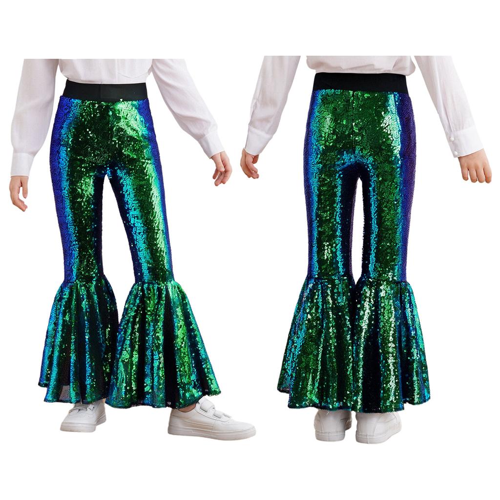 Привлекательные расклешенные танцевальные брюки для девочек: Дизайн с блестящими пайетками по всей длине ноги и эластичным поясом для свободы движений