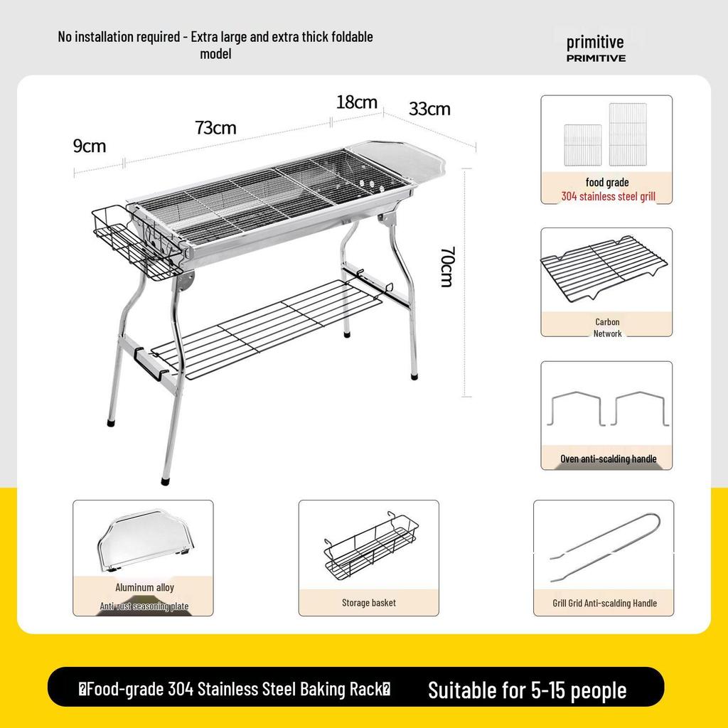 Большой портативный складной угольный гриль-барбекю из нержавеющей стали для использования на открытом воздухе и дома